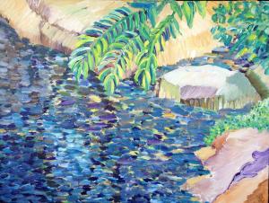 Reflections of sky and sun in  a pool of water.